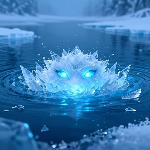 Digital artwork of a glowing blue, ice-headed creature with piercing eyes emerging from a frozen, dark blue lake surrounded by icy snow-covered trees.