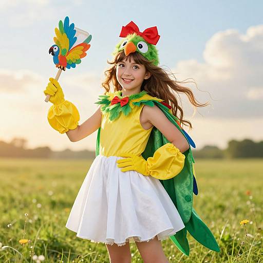 Photograph of a smiling young girl in bird costume, yellow gloves, white skirt, green cape, and red rooster hat, holding a colorful toy