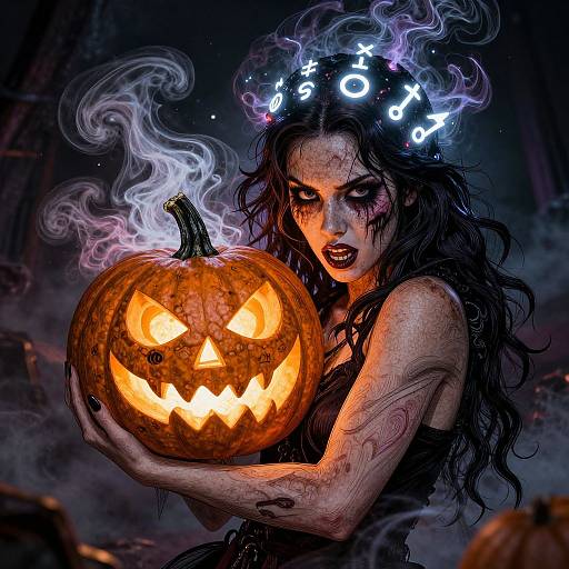 Digital art of a dark-haired, tattooed woman with glowing runes in her hair, holding a glowing jack-o'-lantern, eerie forest background.