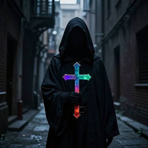 Photograph of a hooded figure in a dark alley, holding a neon cross with multicolored arrows, cloaked in shadow. Urban, mysterious