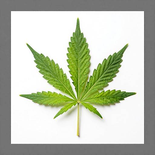 Photograph of a vibrant green cannabis leaf with serrated edges, centered on a white background, framed by a gray border.