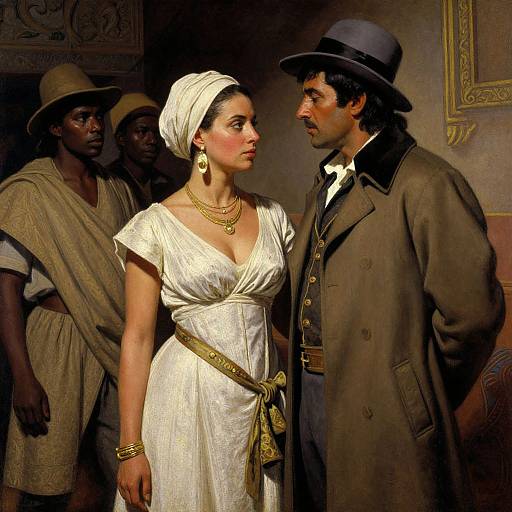 Oil painting of a white woman in a white dress and headscarf, with gold jewelry, facing a mustached man in 19th-century attire