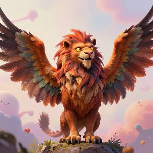 Digital illustration of a majestic lion with large, colorful, feathered wings standing on a rock against a pastel sky. Bright, vibrant colors, fantasy