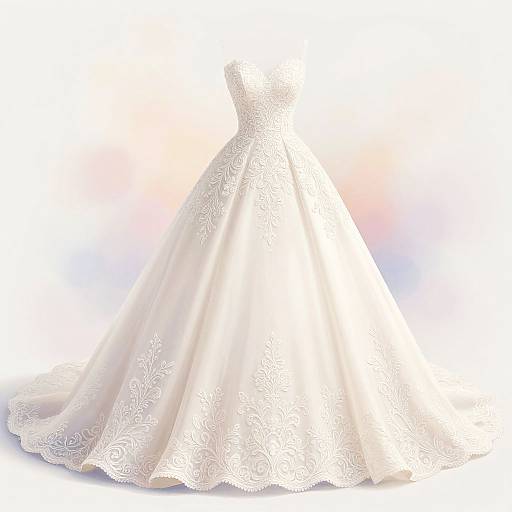 Photograph of a white, lace-embellished, strapless wedding gown with a flared skirt and delicate floral patterns on the hem, displayed