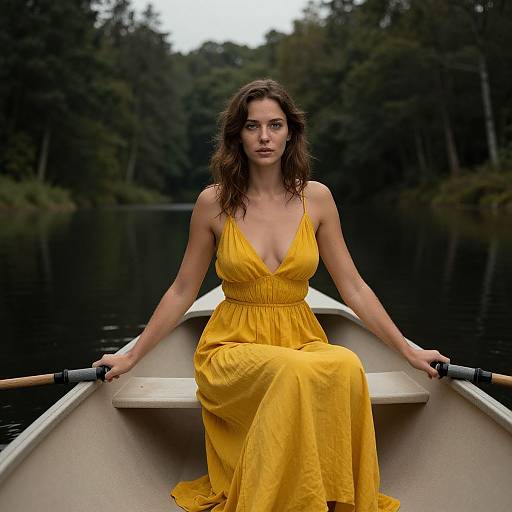Majestic Woman in Yellow Sundress on Lake