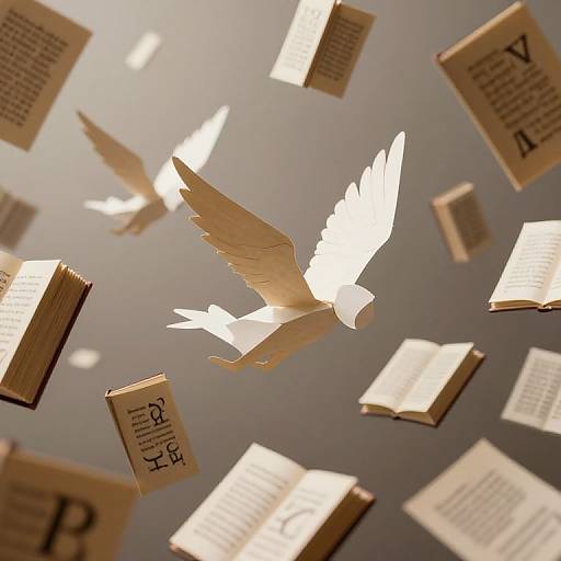 Photograph of a white paper dove with outstretched wings, flying amidst floating open books with visible text, against a gray background.