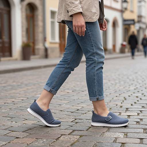 Stylish Woman Walking on Cobblestone Street