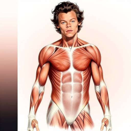 Digital comic-style illustration of a muscular, fair-skinned man with wavy brown hair, highlighting detailed muscle anatomy against a white background.
