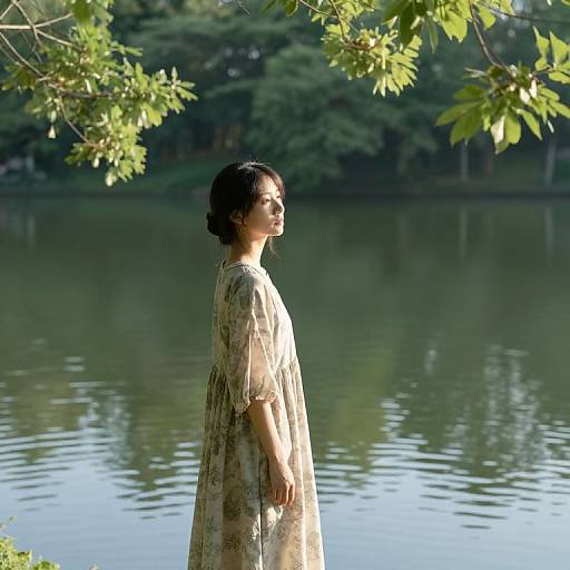 Photograph of a young Asian woman with dark hair in a bun, wearing a light, patterned dress, standing by a serene lake, surrounded by