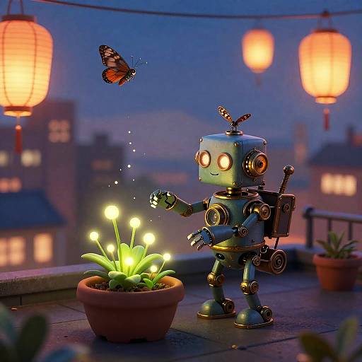 Tiny Steampunk Robot Gardener at Twilight