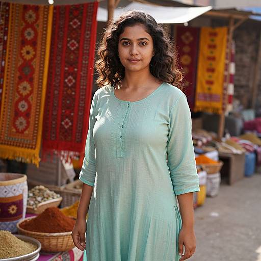 Photograph of a confident Indian woman with curly black hair, wearing a light blue long-sleeve kameez, standing in a vibrant outdoor market