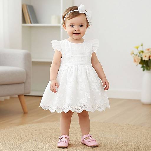 Photograph of a smiling toddler girl in a white lace dress, pink shoes, and headband, standing in a bright, modern living room.