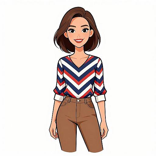 Smiling Woman in Chevron Blouse