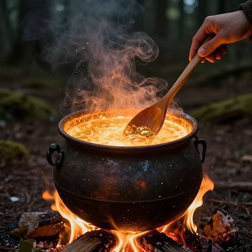 Photograph of a hand stirring a glowing, steaming cauldron over a campfire in a forest, with vibrant orange flames and smoke rising.