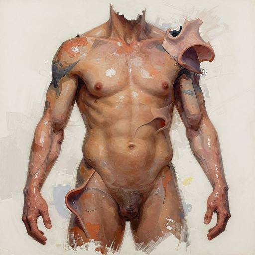 Digital painting of a muscular, nude male torso with a missing head and abstract, colorful brushstrokes on a white background.