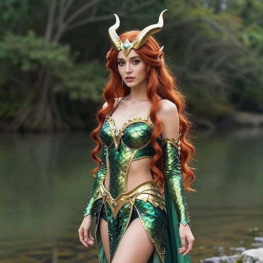 Digital artwork of a red-haired, fair-skinned woman with green and gold dragon-scale armor, horned headpiece, and revealing outfit, standing by