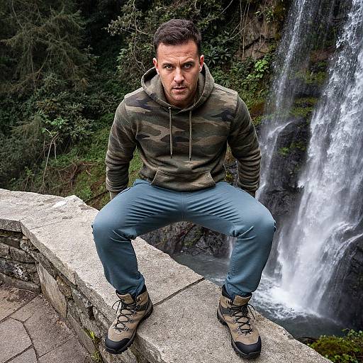 Photograph of a muscular man with short dark hair, camo hoodie, blue jeans, and hiking boots, squatting on a stone ledge by a
