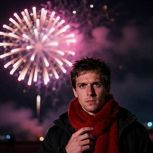 Man with Red Object Amidst Fireworks