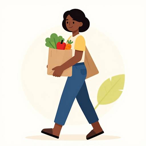 Digital illustration of a smiling Black woman with short hair, wearing a yellow shirt, blue pants, and brown shoes, carrying a grocery bag with lettuce,