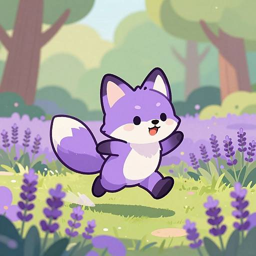 Cute, chibi-style purple fox with white belly and tail tip, joyfully running through a sunlit, lavender-filled forest in digital art.