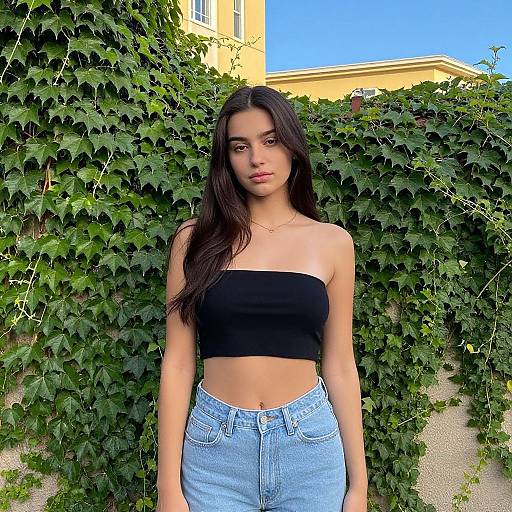 Photograph of a young woman with long, dark hair, wearing a black strapless top and light blue jeans, standing against a lush green ivy