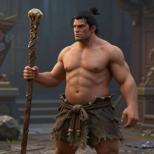 CGI image of a muscular, shirtless man with dark hair in a ponytail, holding a staff with a golden top, wearing a tattered