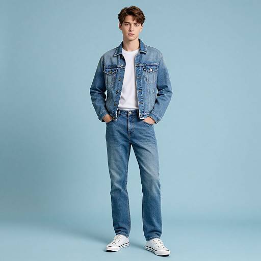 Photograph of a young man with short brown hair, wearing a blue denim jacket, white t-shirt, blue jeans, and white sneakers, standing against