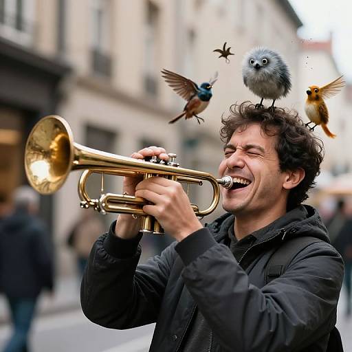 Photograph of a smiling man with curly hair playing a golden trumpet, surrounded by three small birds perched on his head in a bustling urban street.