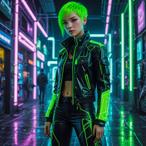 Cyberpunk Girl with Neon Green Hair in Futuristic Outfit