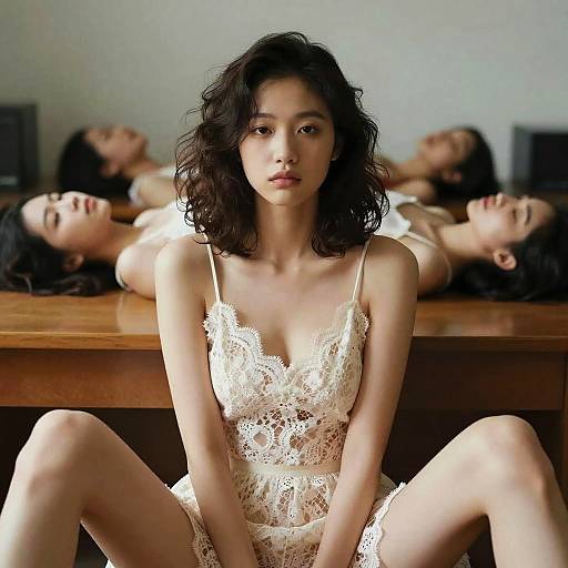 Photograph of an Asian woman with wavy black hair, wearing white lace lingerie, sitting with legs apart, while three women lie on a wooden table