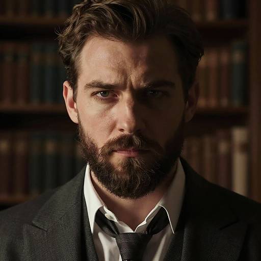 Photograph of a serious, bearded man with dark brown hair, wearing a black suit, white shirt, and black tie, in a dimly