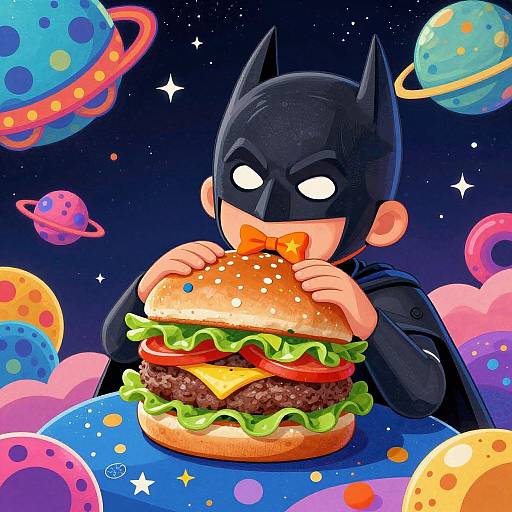 Cartoon Batman with black mask eating giant burger in colorful, cosmic space filled with planets and stars. Bright, vibrant digital art.