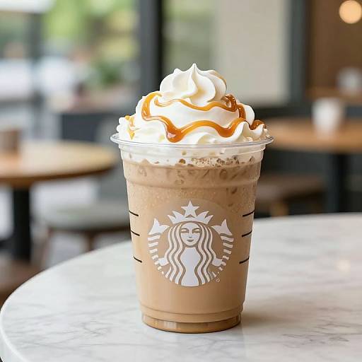 Photograph of a Starbucks Frappuccino with whipped cream and caramel drizzle, on a marble table in a blurred cafe background.