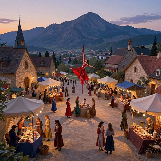 Photograph of a sunset village market with stone buildings, mountains, and people in period clothing, surrounded by lit, open-air stalls. A dancer in