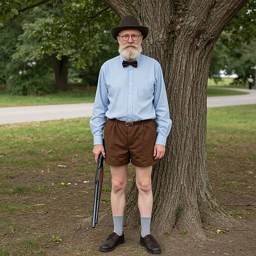 Photograph of elderly white man with white beard, black hat, light blue shirt, brown shorts, bow tie, holding cane, standing by tree in