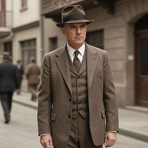 Photograph of a serious, middle-aged white man in a brown three-piece suit and black fedora walking down a blurred, historic city street with other