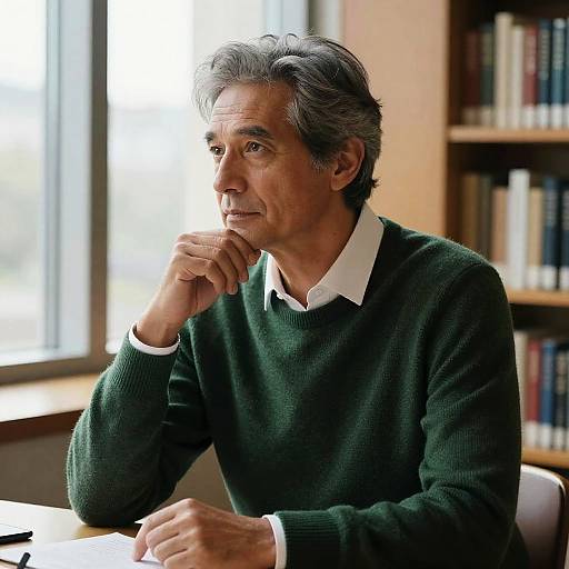 Photograph of an older man with gray hair, wearing a green sweater over a white collared shirt, sitting thoughtfully in a sunlit library.