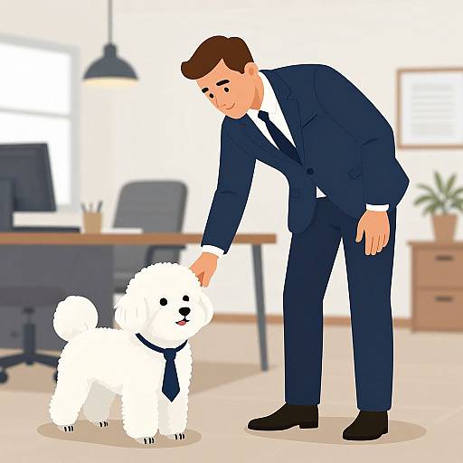 Cartoon-style illustration of a man in a navy suit petting a white fluffy dog with a blue tie in a modern office.