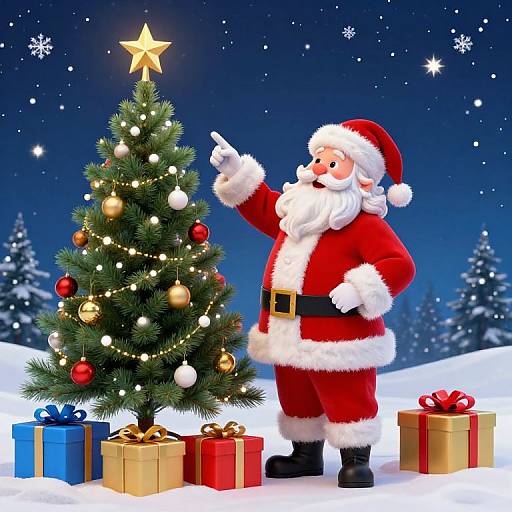 Santa Claus in red suit, pointing at a decorated Christmas tree with star topper, surrounded by gifts in snowy night sky.
