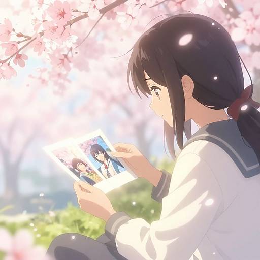 Anime-style digital drawing: Dark-haired girl in a sailor uniform, sitting under cherry blossoms, holding a phone with a blue-haired anime character. Soft