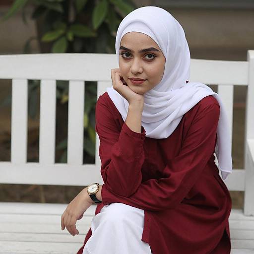Young Woman in White Hijab on Bench