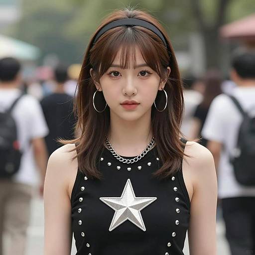 Young woman in black sleeveless top with silver star