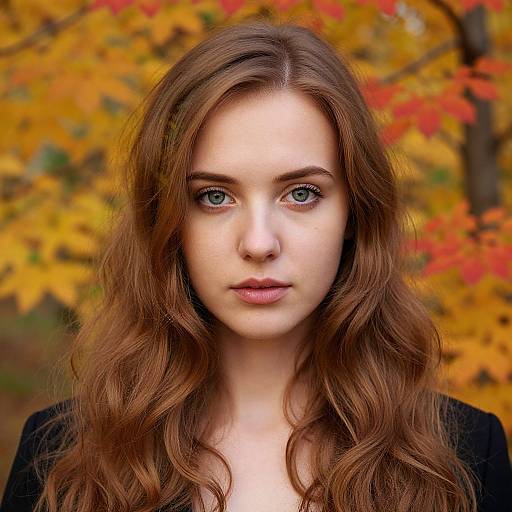 Photograph of a young woman with long, wavy brown hair and blue eyes, standing against a background of vibrant autumn leaves in red, yellow,