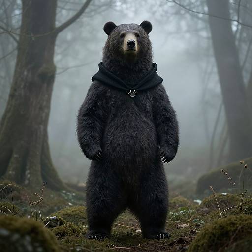 Photograph of a standing, anthropomorphic bear with dark brown fur, wearing a black scarf, in a foggy forest with moss-covered ground and tall