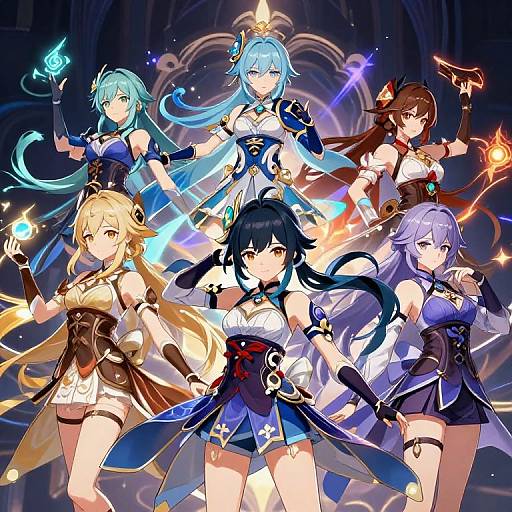 Digital anime-style illustration of six female characters with vibrant hair colors, wearing detailed fantasy outfits, casting magical spells in a glowing, circular, mystical background.