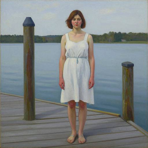 Photorealistic painting of a young woman with fair skin and brown hair, wearing a white sleeveless dress and sandals, standing on a wooden pier by