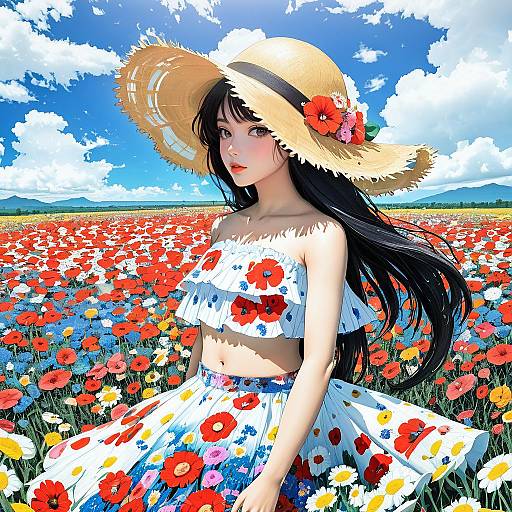 Young Woman in Floral Dress and Straw Hat in Flower Field