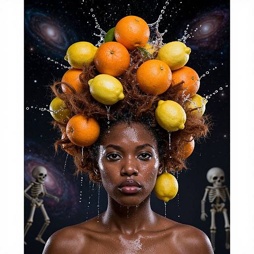 Photograph of a dark-skinned woman with afro hair adorned with splashing oranges and lemons, glistening skin, and skeletal figures in the