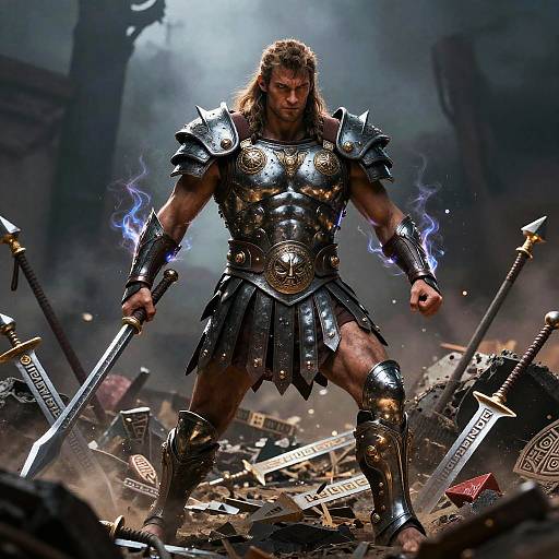 Photorealistic digital art of a muscular, long-haired warrior in gold and black armor, surrounded by scattered swords, with blue flames on his arms,