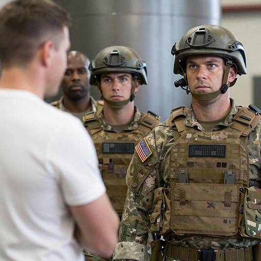 Soldiers in Uniform Against Industrial Backdrop